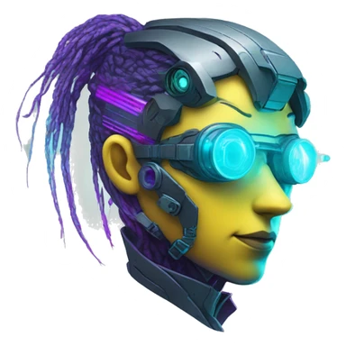 Secret human yellow emoji face agent with  cyberpunk elements with a spyglass scanning looking reviewing multicolor lines of code, cyan and purple colors, only upper body portrait sticker