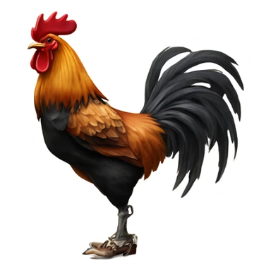 A rooster with cowboys boots on smoking a cigarette carrying a bottle of whiskey sticker