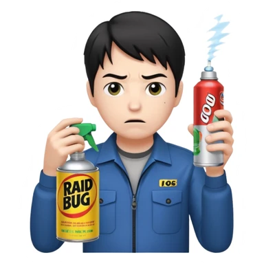 Gojo Satoru using a can of raid bug spray looking disgusted sticker