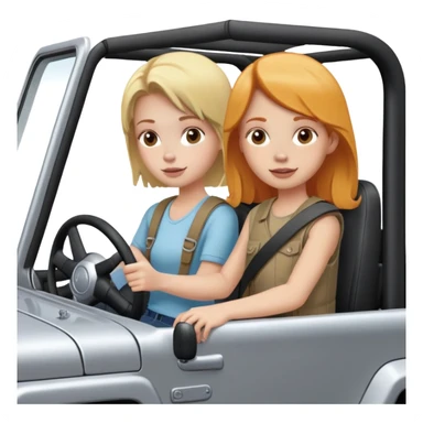 Blonde girl sitting in passenger seat of silver jeep with ginger girl driving  sticker