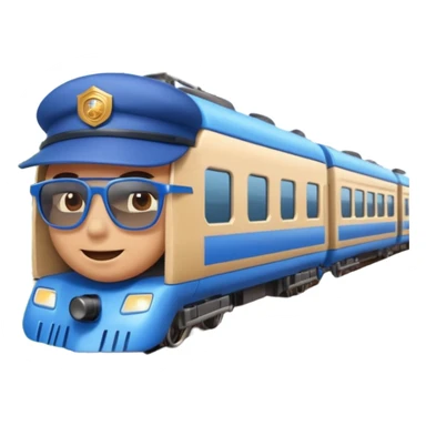 A 3D cartoon sleek white bullet train on tA 3D cartoon passenger train with blue carriages and visible windows, moving through countryside, Memoji-style.racks, high-speed motion blur, clean lighting, Memoji-style realism. sticker