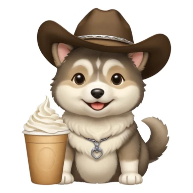 Agouti (more black and cream, some tan) Malamute puppy wearing cowboy hat and smiling with cup of whipped cream sticker
