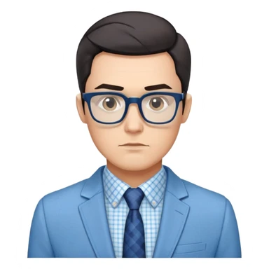 Man with angular square face, large dark square eyeglasses, short straight dark hair with side part. Composed serious expression. Wearing a light blue blazer over a white button-up shirt with blue checkered pattern. sticker