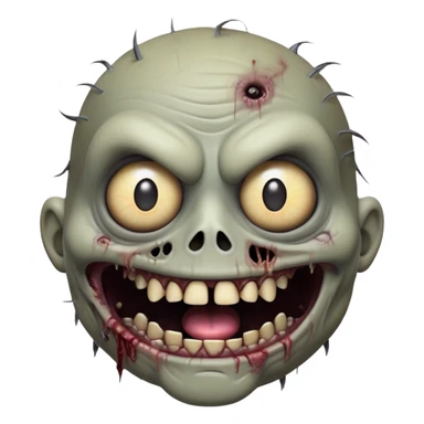 Cinematic Comical Zombie Portrait Emoji, with a grotesquely exaggerated yet playful decaying face in muted ashen tones, head cocked in a dramatically shocked expression with wildly comical, googly eyes and a gaping, silly grin revealing quirky stitches, simplified yet hilariously expressive, highly detailed with a soft eerie glowing outline capturing the absurd humor of a zombie in comic disbelief! sticker