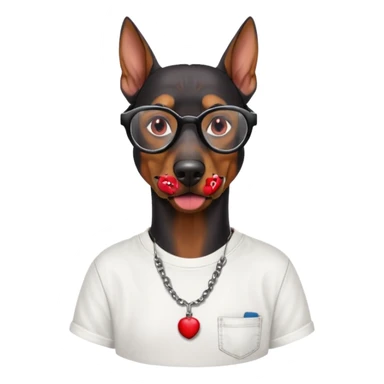 Generate a emoji of a big evil doberman dog with red eyes and a tongue sticking out, give the doberman a human body with a white shirt and baggy jeans, make the doberman have ear piercings and a septum ring, make the dog have black circular glasses with a red tint sticker