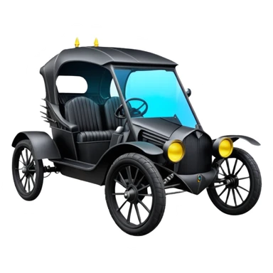 Mad max survival apocalypse ghostly sporty antique electric Darth Vader’s Batman-armored 1926 black graphite colored enclosed twin seat town buggy with horizontal holographic 3d stars painted on the body sides and neon under glow  sticker