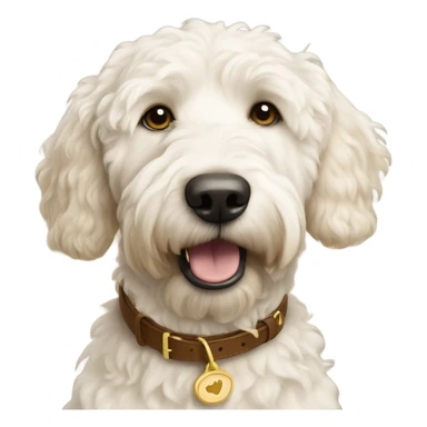 White golden doodle dog with brown collar and gold  sticker