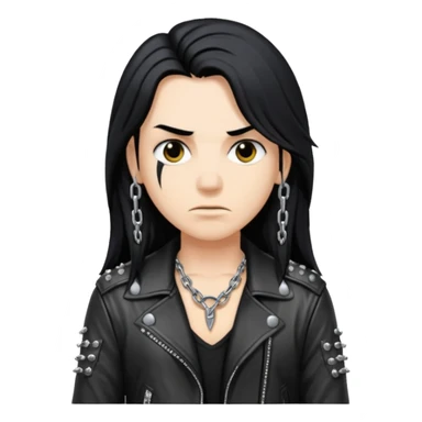 A fan of heavy extreme music, a metalhead with long black hair, rivets in chains on a leather jacket sticker