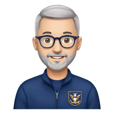 Man with light skin, extremely short black hair (military buzz cut), short peppered gray beard, large black-framed glasses, smiling face, navy blue zip-front sweatshirt with long sleeves sticker