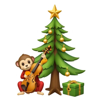 A cute, minimal emoji-style Christmas tree with a bright green triangular shape decorated, a wooden violin replacing the trunk, and a small playful monkey sitting at the very top carefully placing a golden Christmas star sticker