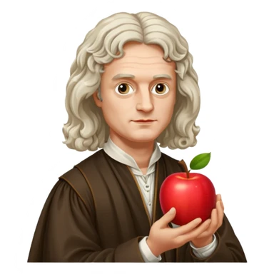 Isaac Newton wearing 17th-century aristocratic attire, hold an apple sticker
