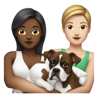 A white woman with brown hair holding her black and white boxer like a baby sticker