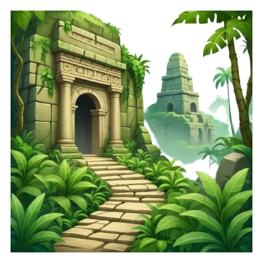 Icon for Adventure Movie: A vintage movie poster-style design with a jungle clearing path, dense foliage surrounding it. In the distance, ancient ruins peek through the trees. The atmosphere is mysterious and adventurous, with soft light cutting through the trees. Transparent background. sticker
