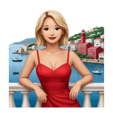 jennifer lawrence, red dress leaning on a balcony with a harbor and cityscape in the background, smiling sticker