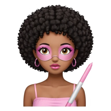 Dark brown skin girl with short black curly hair afro styled , she has pretty wispy cat eyelashes and is wearing a light pink tube top with lip gloss  sticker