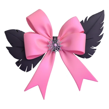 3D emoji style pink bow with gothic effect, pastel pink to black ombre, black feather accents, and silver spiderweb brooch sticker