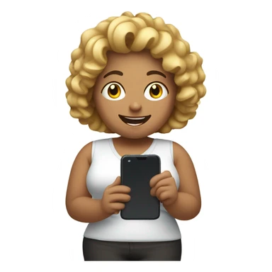overweight curl blondie woman happy with a smartphone in hands showing charts sticker