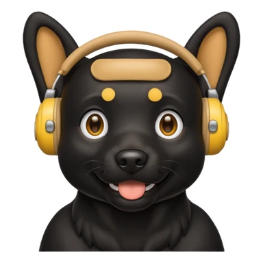 black happy dog wearing yellow headphones sticker