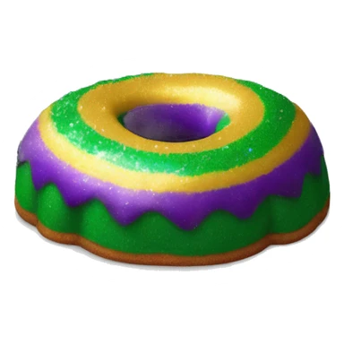 Realistic single isolated flat mardi gras oval bundt king cake with glitter icing on top half of the cake. sticker