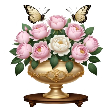 A romantic vintage still life featuring a bouquet of soft pink roses and lush white peonies in an ornate gold-trimmed ivory vase, with delicate pearl butterflies resting on the petals, set on a lace-covered wooden table. Girl  sticker