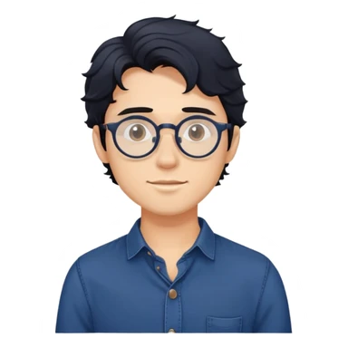 Torso view of young man with longer wavy black hair, round glasses, dark blue casual buttoned shirt sticker