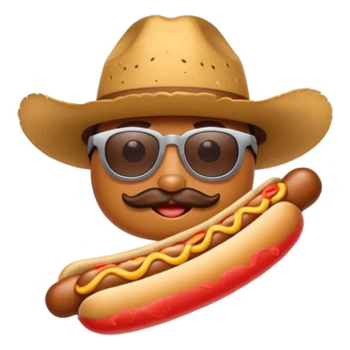 A hotdog with sunglasses and a cowboy hat sticker