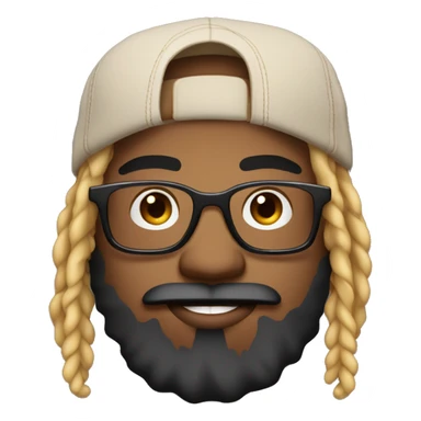 Guy with  blonde and black dreadlocks tied behind head, with big frame glasses, with beard and mustache, a trucker hat, septum ring, chubby cheeks, smiling showing teeth sticker