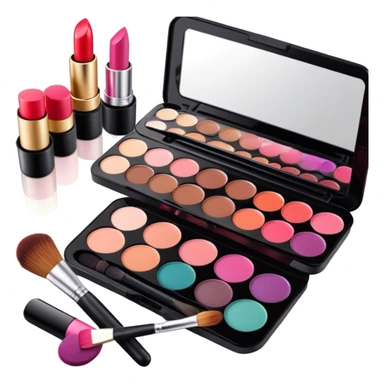A photorealistic icon featuring makeup brushes, a lipstick being applied, an eyeshadow palette with colors in use and a compact mirror reflecting a half-done makeup look. The design captures the artistry and process of makeup with bright and realistic textures. Transparent background. sticker