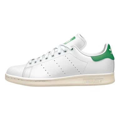 White and green Adidas Stan Smith sneakers with iconic green heel tab and perforated three stripes on the sides sticker