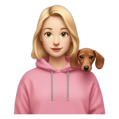 white girl with light eyes and dachshund puppy with pink oversized sweatshirt sticker