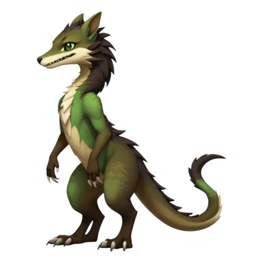 Brown and beige badass elegant wild beautiful natural cute badass epic exotic anthro modern furry 2-legged sergal-vernid-creature, full body, dark-brown-black-gradient pretty hair, with a long tufted tail, green eyes, aesthetic, art by LiLaiRa, art by art by Falvie sticker