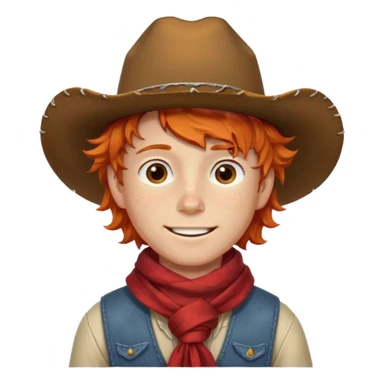 a wavy orange hair boy wearing a cowboy hat with a mischievous grin and freckles with western red scarf on his neck sticker