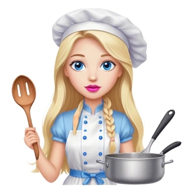 Cinematic realistic beautiful blonde with long hair, blue eyes and pink lips in a white dress cooks sticker