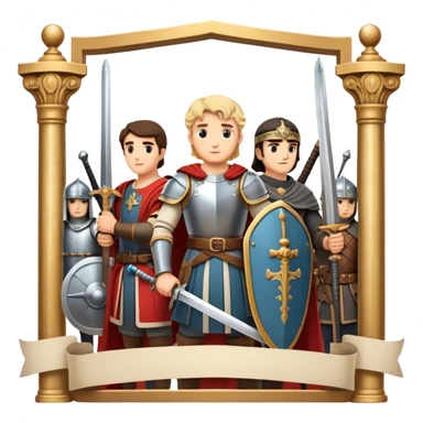 Icon for Historical Movies: A vintage movie poster-style design with elements of ancient architecture, historical figures in period costumes, and a backdrop of a historical event or battle. Include scrolls, swords, and shields. Retro cinematic feel. Transparent background. sticker