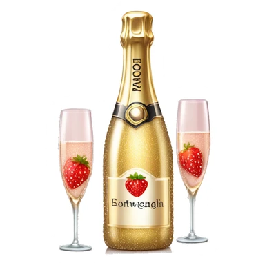 Realistic sparkling diamond glam bottle of champagne with matching skinny glass filled with the champagne with strawberry in the bottle of glass. sticker