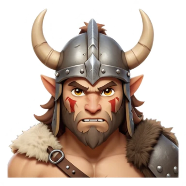 Clash of Clans aesthetic: Cinematic Fierce Barbarian Portrait Emoji, Poised and bold with a rugged yet cartoonish build in tattered furs and a horned helmet, his face rendered in a natural skin tone (not yellow), expressive bright eyes and a confident smirk, Simplified yet dynamic features, highly detailed, glowing with a vivid, adventurous aura, high shine, heroic and spirited, stylized with an air of medieval warrior charm, focused and energetic, soft glowing outline, capturing the essence of a fearless barbarian adventurer ready to lead his clan with spirited valor! sticker