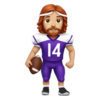Redhead jesus playing American football wearing purple number 14 sticker