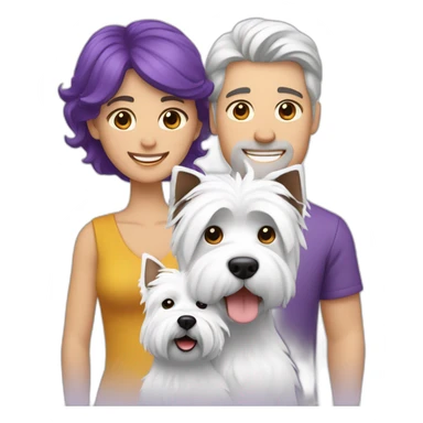 a family consisting of 1 white man with dark brown hair, 1 white woman with purple hair and 1 happy west highland white terrier sticker