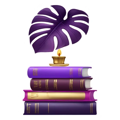 An elegant still life featuring a stack of light and dark violet books, a pink monstera plant, and a brass candle holder. sticker