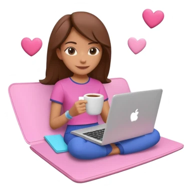 3D clay character relaxed with laptop and coffee, floating icons (envelope, heart, dollar), colofrful outfit, pink (#FF6B9D) floating icons, white laptop, Pixar style, transparent background sticker