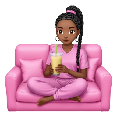 A dark-brown-skinned Black woman with black box braids, sitting on a pink couch, holding a smoothie cup with a straw, and looking relaxed. She’s wearing comfy loungewear in a cozy setting. sticker