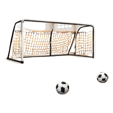 A close-up of footballs and a goal on a covered indoor futsal court with a wooden floor. The scene highlights the details of the balls and goalposts, with the smooth, polished court surface creating a clean and focused atmosphere for the game. sticker