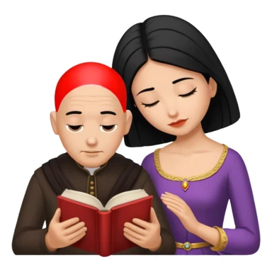Bald headed man bowing to a black haired queen, while she read a book sticker