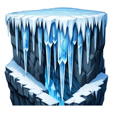 A stunning winter scene showing long, sharp icicles hanging from a frozen cliff or ledge, glistening in bright daylight. The surface is covered in snow and ice, with a cold blue and white color palette, highly detailed, realistic lighting, and frosty atmosphere. sticker