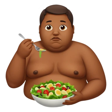 Obese brown man topless eating salad, sad sticker