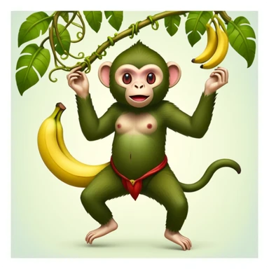 A surreal hybrid creature that is half monkey (top) and half banana (bottom). Green monkey with red facial features on top, and an opened banana peel forming the lower body. Set in a jungle with hanging vines and soft light filtering through trees sticker
