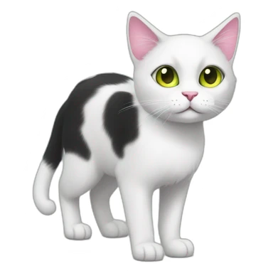 young black and white cat walking side with round green yellow eyes, a pink nose, the white fur on his face only goes under the eyes to the bottom of his face, whispy tips on ears sticker