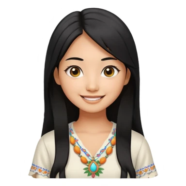 30 yr old asian woman center parted hair big eyes big smile tanned skin straight black hair hippie part hair white blouse sticker