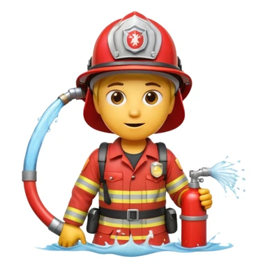 A 3D Apple-style yellow emoji character dressed as a firefighter in a bright red uniform and helmet, holding a fire hose spraying water forward, determined expression with cartoonish eyes, water splashing effect, clean minimal background sticker
