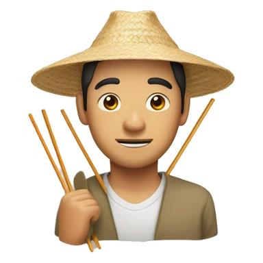 Asian man with chopsticks and a straw hat sticker